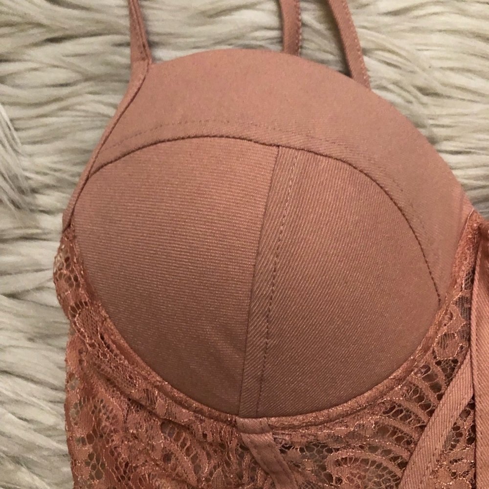 Haute Monde Corset Lace See Through Bodycon Flirty Coral Pink Mini Dress size L - Picture 4 of 13